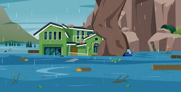 Silné Deště Způsobily Záplavy Sesuvy Půdy Domech — Stockový vektor