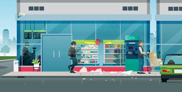 Ladrões Desabrigados Quebram Vidro Supermercado — Vetor de Stock