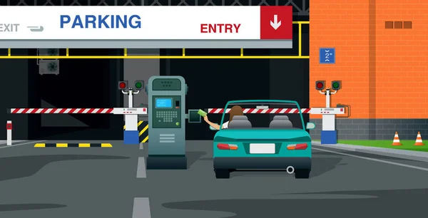 Kobieta Prowadząca Samochód Skanuje Zautomatyzowaną Barierę Parkingową Ilustracja Stockowa