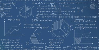 Geometrik formüller ve mavi karatahtanın üzerindeki dikişsiz alan kalıpları.