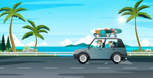 Familia Viaja Coche Playa Durante Las Vacaciones Ilustración de stock
