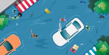 Kurtarma ekibi, sel kurbanlarına yukarıdan yardım ediyor..