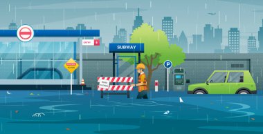 Kurtarma ekipleri kapatılan metrolara sel uyarı levhaları yerleştiriyor..