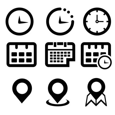 Zaman, tarih ve konum simgeleri vektörü ayarlandı