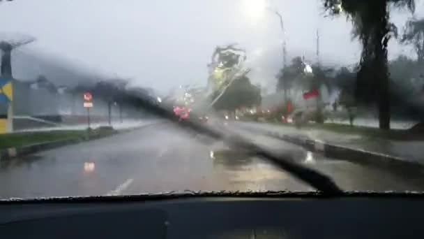 Car Trip Heavy Rain Passenger Driver Pov Road Journey Transportation — Stock video