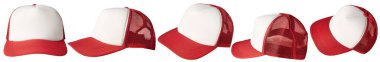 Set of red and white trucker cap hat mockup template collection, various angle isolated cut out object