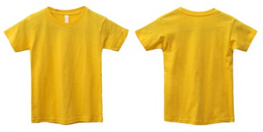 Sarı çocuk tişörtü, ön ve arka manzara, izole. Açık mavi tişört modeli. Tshirt tasarım şablonu. Yazdırma için boş t-shirt