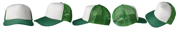 Yeşil Beyaz Kamyoncu Şapkalı Şablon Koleksiyonu Çeşitli Açı Izole Edilmiş — Stok fotoğraf