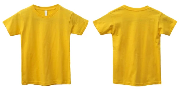 Crianças Amarelas Shirt Mock Vista Frontal Traseira Isolado Mockup Camisa — Fotografia de Stock