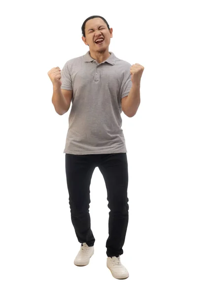 Aziatische Man Met Grijs Hemd Zwarte Denim Witte Schoenen Schreeuwend — Stockfoto