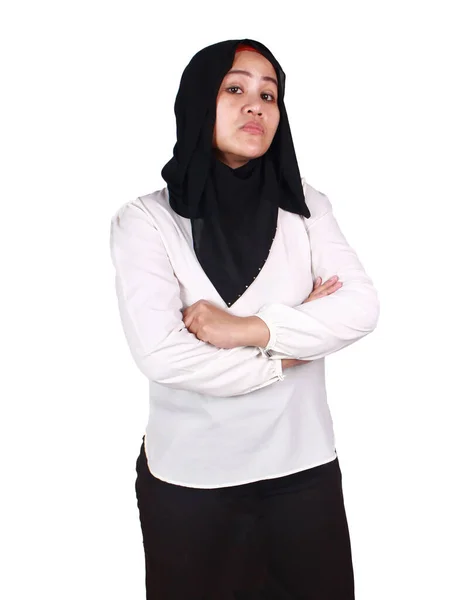 Retrato Mujer Musulmana Asiática Usando Hijab Muestra Expresión Facial Orgullosa —  Fotos de Stock
