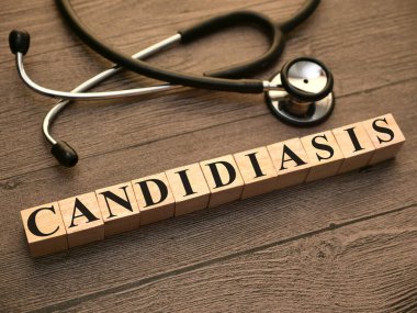 Candiasis, tipografi, ahşap mektup, sağlık ve tıbbi konsept ile yazılmış metinler