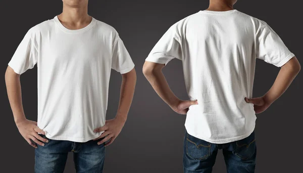 White t-shirt mock up, front and back view, isolated. Teenage male model wear plain white shirt mockup. Tshirt design template. Blank tee for print