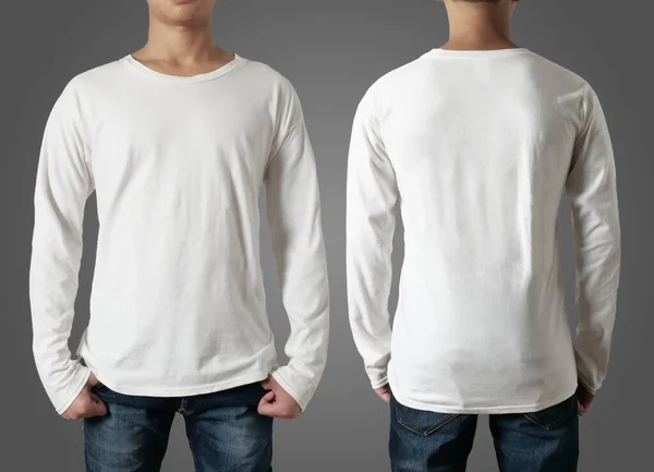 Blank long sleeved shirt mock up template, front and back view, Asian tennage man wear plain white t-shirt isolated. Tee design mockup presentation for print