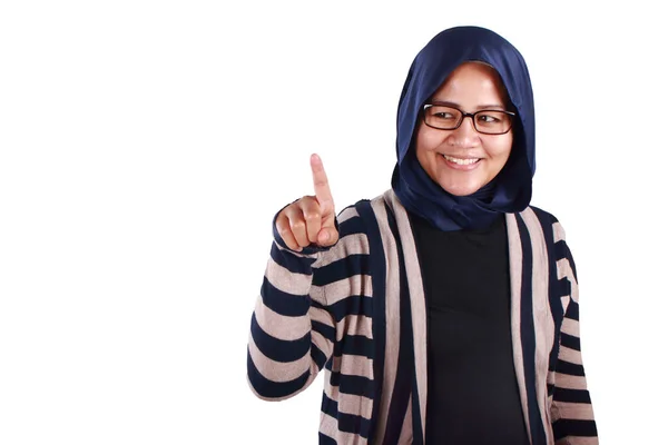 Portrait Asian Muslim Woman Smiling Happily Finger Pointing Touching Virtual — Stock Photo, Image