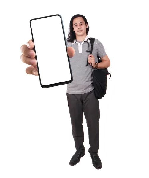 年轻的亚洲人期待着相机 微笑着 空空如也地展示着空白白纸手机的模版 — 图库照片
