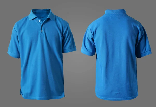 白领衬衫造型模板 正面和背面看 浅蓝色T恤孤立在灰色 Polo Tee Design Modelup Presentation Print — 图库照片
