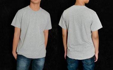 Boş gömlek şablon, ön ve arka görünüm, Asyalı genç erkek model siyah arka planda sade gri tişört giyiyor. Yazdırma için Tee Design Mockup Sunumu