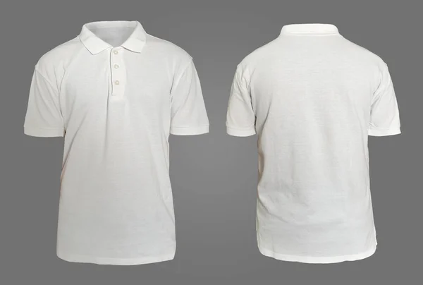 白领衬衫造型模板 前后看 白色T恤浅白 灰色孤立 Polo Tee Design Modelup Presentation Print — 图库照片