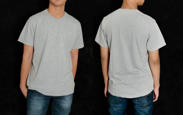 白衬衫造型模板 正面和背面看 亚洲少年男模穿着浅灰色T恤黑色背景 Tee打印设计模型演示演示 — 图库照片