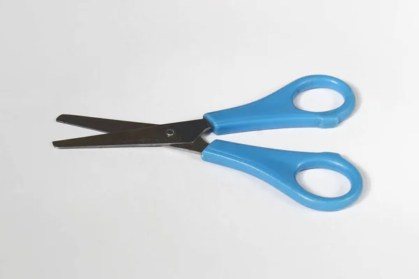 Metal Blue Plastic Scissors Layed White Surface Office Supply — Stock Photo, Image