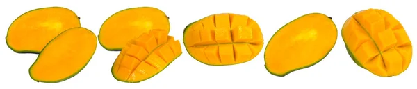Set Sliced Fresh Juicy Mango Collection Cut Out Isolated Yellow — Stock Photo, Image