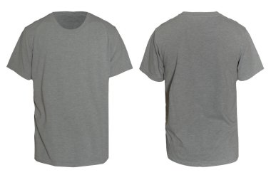 Boş tişört şablon, ön ve arka görünüm, beyaz üzerine izole edilmiş sade gri tişört. Yazdırma için Tee Design Mockup Sunumu