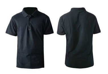 Boş yakalı gömlek şablonu, ön ve arka görünümü, beyaza izole edilmiş sade siyah tişörtü taklit ediyor. Baskı için polo tee tasarımı modelleme sunumu