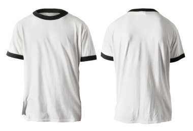Boş tişört şablonu, ön ve arka görünümü siyaha izole edilmiş beyaz tişörtü taklit ediyor. Yazdırma için Tee Design Mockup Sunumu