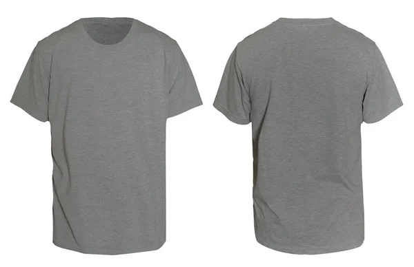 ブランクシャツモックアップテンプレート フロントとバックビュー 白に隔離されたプレーングレーのTシャツ ティーデザインMokupプレゼンテーションのためにプリント — ストック写真