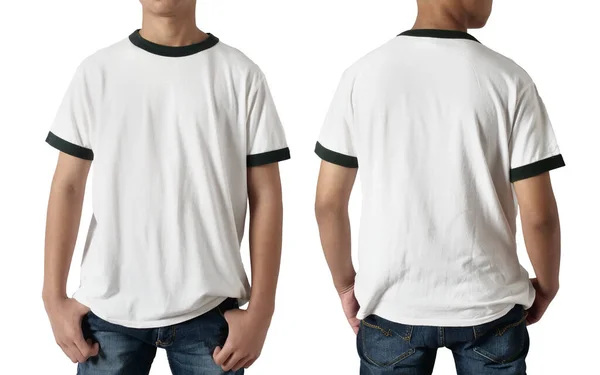 ブランクシャツモックアップテンプレート フロントとバックビュー アジアの10代の男性モデル白に隔離されたプレーンホワイトのリンガーTシャツを着て ティーデザインMokupプレゼンテーションのためにプリント — ストック写真