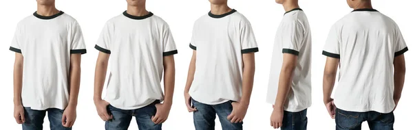 白衬衫造型样板儿 侧面和背面看 亚洲少年男模穿着纯白的林格T恤 与白色隔离 Tee打印设计模型演示演示 — 图库照片