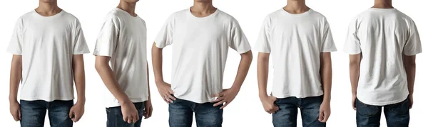 Wit Shirt Model Omhoog Voor Zijkant Achterkant Geïsoleerd Tiener Mannelijk — Stockfoto