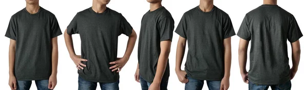 Czarny Shirt Makieta Przodu Boku Tyłu Widok Odizolowany Nastolatek Mężczyzna — Zdjęcie stockowe