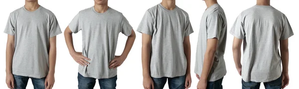 空のシャツのテンプレート フロント サイドとバックビューをモックし アジアの10代の男性モデルは白い上に隔離されたプレーンヘザーグレーのTシャツを着て ティーデザインMokupプレゼンテーションのためにプリント — ストック写真