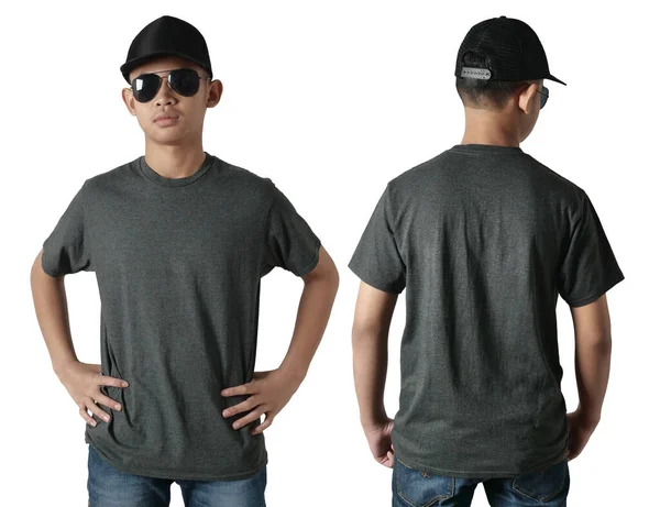 黒のTシャツのモックアップ フロントとバックビュー 隔離された 十代の男性モデルは プレーンヘザー黒のシャツモックアップを着用してください Tシャツのデザインテンプレート 空のお茶 Print — ストック写真