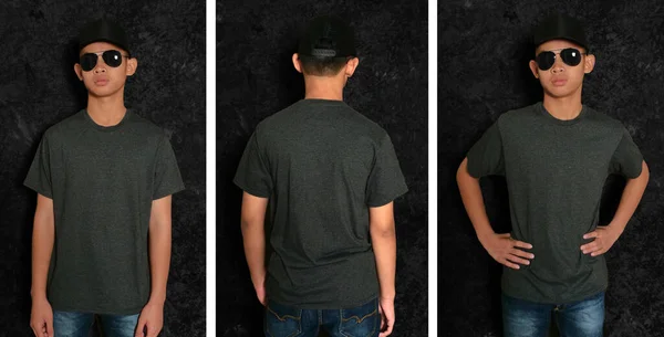 黒のTシャツのモックアップ フロントとバックビュー 十代の男性モデルは プレーンヘザー黒のシャツモックアップを着用してください Tシャツのデザインテンプレート 空のお茶 Print — ストック写真
