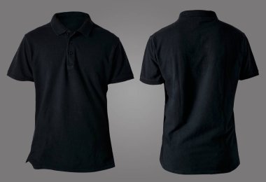 Boş yakalı gömlek şablonu, ön ve arka görünümü, gri renkli sade siyah tişörtü taklit ediyor. Baskı için polo tee tasarımı modelleme sunumu