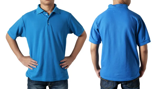 空の色のシャツのテンプレート フロントとバックビューをモックし アジアの10代の男性モデルは白に隔離されたプレーンブルーのTシャツを着ている 印刷のためのポロティーデザインモックアッププレゼンテーション — ストック写真