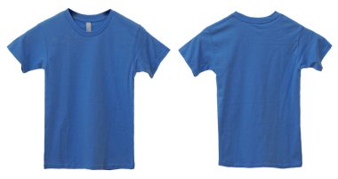 Blue kids t-shirt mock up, front and back view, isolated. Plain light blue shirt mockup. Tshirt design template. Blank tee for print