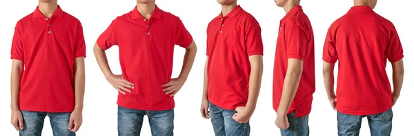 空の色のシャツは テンプレート フロント側とバックビューをモックし アジアの10代の男性モデルは白に隔離されたプレーン赤のTシャツを着ている 印刷のためのポロティーデザインモックアッププレゼンテーション — ストック写真