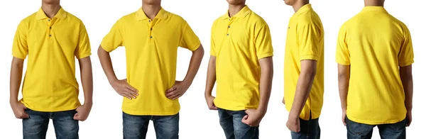 空の色のシャツは テンプレート フロント側とバックビューをモックし アジアの10代の男性モデルは白に隔離されたプレーン黄色のTシャツを着ている 印刷のためのポロティーデザインモックアッププレゼンテーション — ストック写真