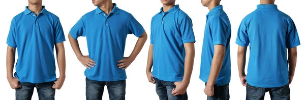 空の色のシャツは テンプレート フロント側とバックビューをモックし アジアの10代の男性モデルは白に隔離されたプレーンブルーのTシャツを着ている 印刷のためのポロティーデザインモックアッププレゼンテーション — ストック写真