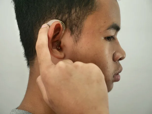 Portrait Asian Boy Wearing Hearing Aid Device Close — Stock Photo, Image