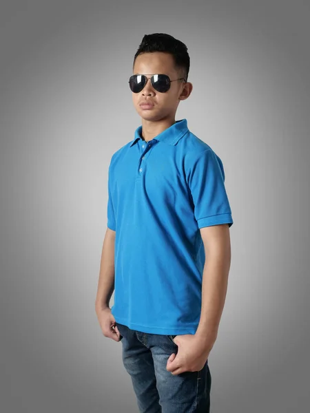 Young Asian Teenage Boy Wearing Blue Collared Shirt Sunglasses Standing — Stock Photo, Image