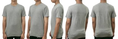 Boş gömlek şablon, ön, yan ve arka görünüm, Asyalı genç erkek model sade gri tişört giyiyor, beyaza izole edilmiş. Yazdırma için Tee Design Mockup Sunumu