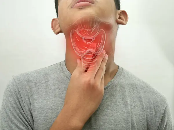 Asiático Adolescente Menino Tocando Seu Pescoço Sente Dor Sua Dor — Fotografia de Stock