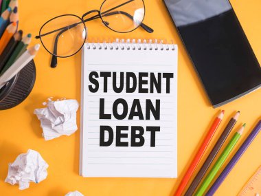 Student loan debt, text words typography written on paper, life and educational concept clipart