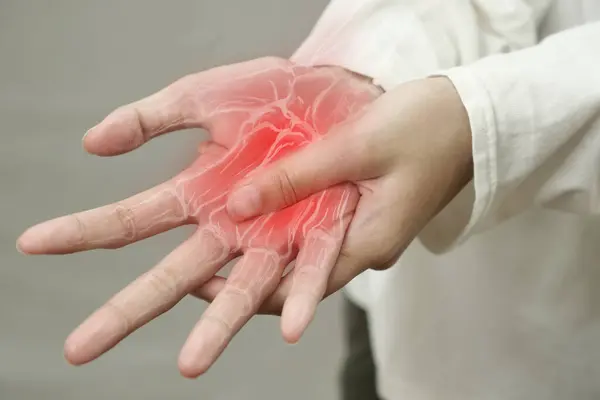 stock image Anonymous person touching her wrist, suferring from arthritis disease, close up against grey background