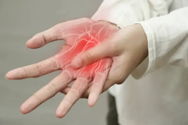 Anonyme Person Die Ihr Handgelenk Berührt Und Arthritis Erkrankt Ist — Stockfoto